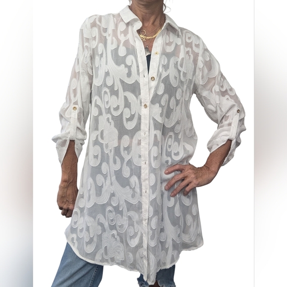 Lilly Pulitzer White Sheer Tunic Blouse Cover Up Button Down Top Size Small - Picture 2 of 10